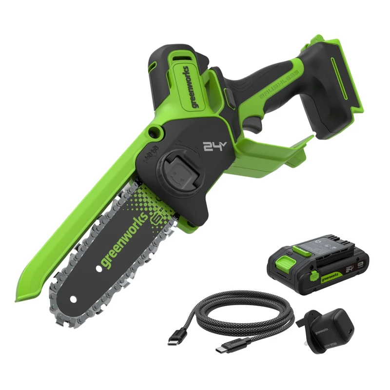 Greenworks 24V 6in Mini Chainsaw Brushless, 15cm Cordless Battery Chainsaw with Auto-Oil System, 7.8m/s Cutting Speed, Electric Saw with 2Ah Battery and 30W USB C Charger
