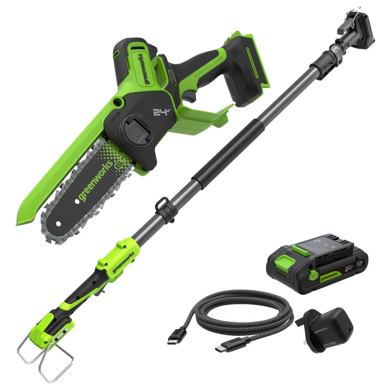 Greenworks 24V 2-in-1 Mini Chainsaw Brushless, 15cm/6in Cordless Battery Chainsaw, 7.8m/s Cutting Speed, Electric Pole Saw with 2Ah Battery and 30W Charger