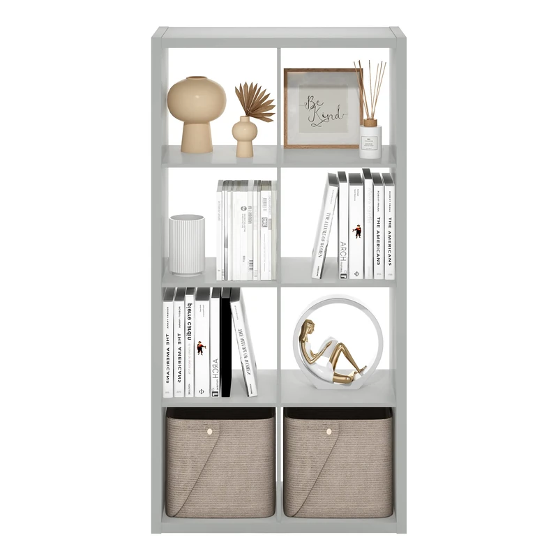 Furinno CUBICLE 8-Cube Bookshelf, Extra Thick Frame Horizontally & Vertically Reversible Bookcase with Open Back, 37.08 x 76.2 x 147.32 cm, for Living Room, Bedroom, Home Office, Light Grey