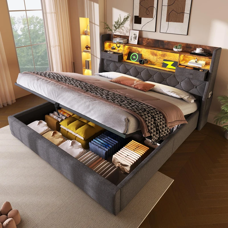 Ball & Cast Upholstered Bed 6ft Hydraulic Bed with LED Lighting, USB Type-C Charging, Storage Headboard for Cellphones & Tablets, 180 x 200 cm Super King Bed with Metal Slatted Frame, Linen, Grey