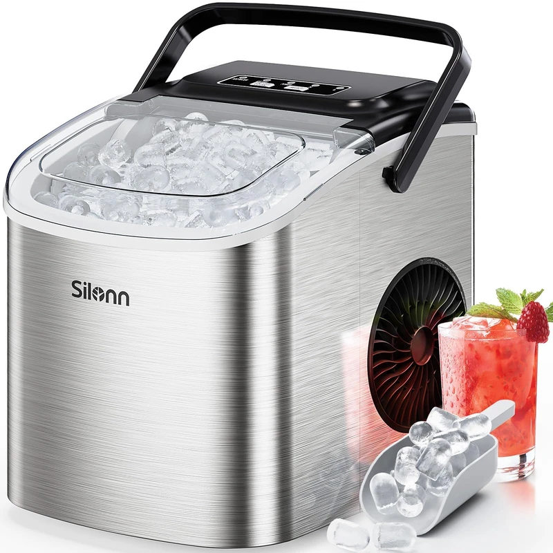 Silonn Countertop Ice Maker, Bullet Ice Machine Produces 9 Cubes in 6 Minutes, 12 kg Daily, Self-Cleaning with Scoop & Basket, Two Ice Sizes for Home, Office, Bar, Party