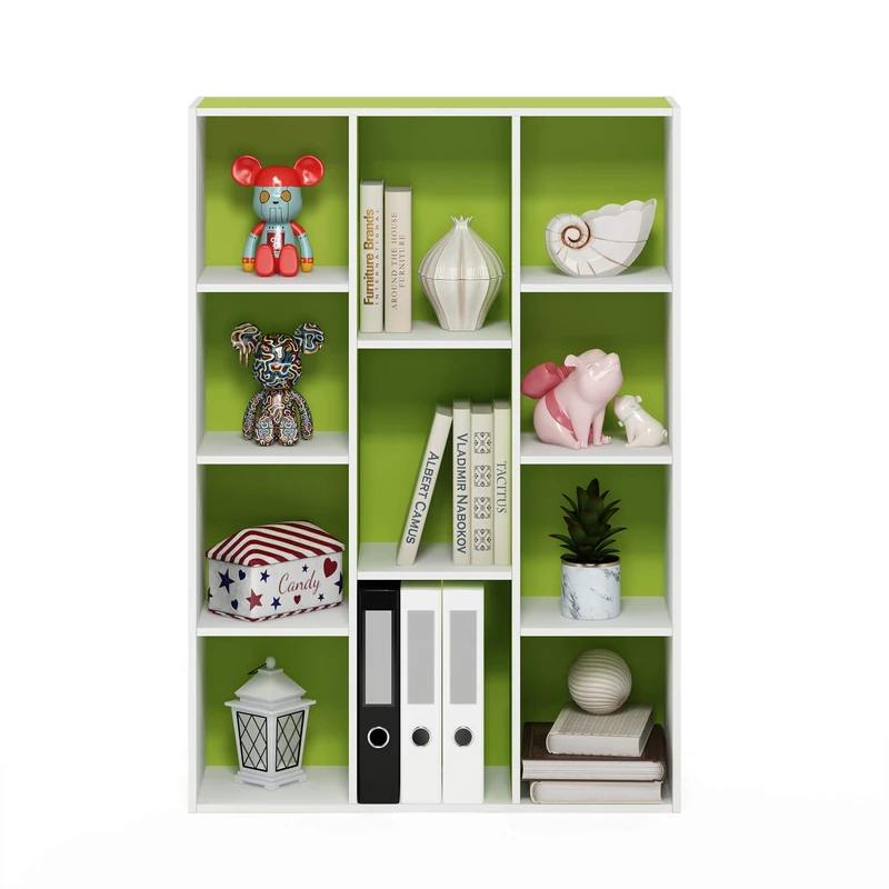 Furinno LUDER Book Shelf, 11-Cube Bookshelf, Reversible Bookcase, 23.9 x 73.91 x 105.92 cm, for Living Room, Bedroom, Home Office, White/Green