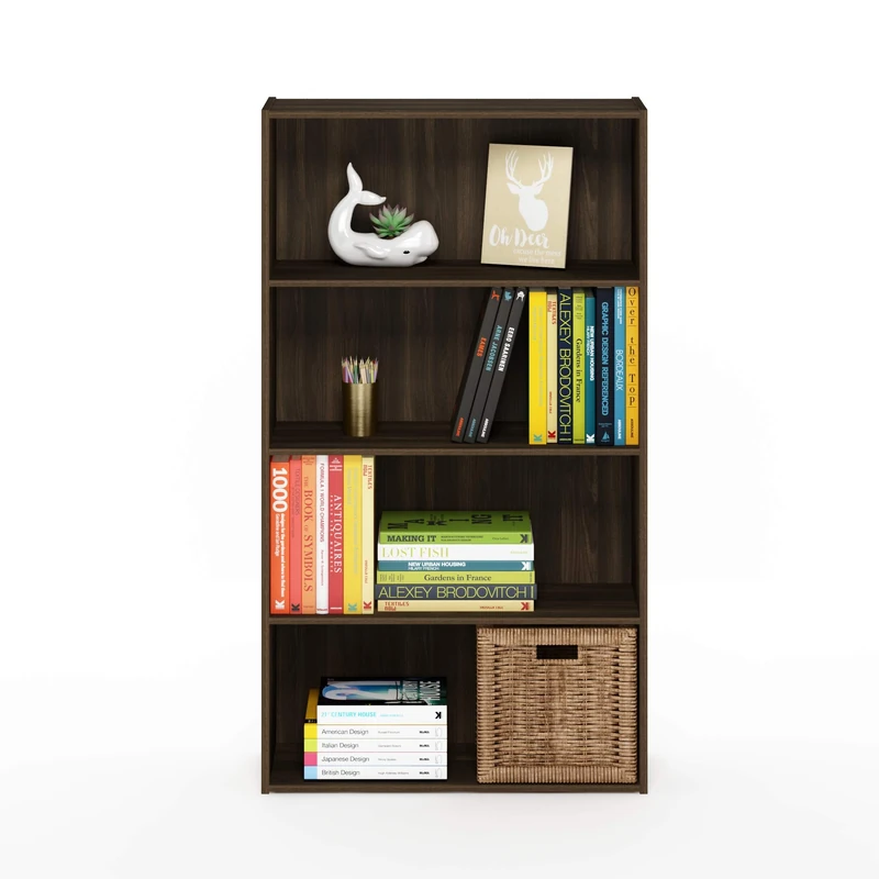 Furinno PASIR Book Shelf, 4-Tier Bookshelf, Bookcase with Open Shelf, 23.9 x 59.94 x 105.92 cm, for Living Room, Bedroom, Home Office, Columbia Walnut