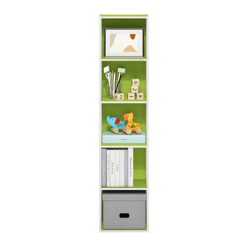 Furinno PASIR Book Shelf, 5-Tier Modern Bookshelf, Open Shelves Bookcase 22.86 x 30.48 x 132.08 cm, for Living Room, Bedroom, Home Office, Green/White