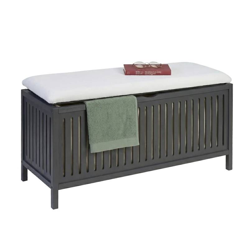 Relaxdays laundry hamper, walnut, padded lid, H x W x D: 50 x 100 x 38 cm, stool with storage, grey/white