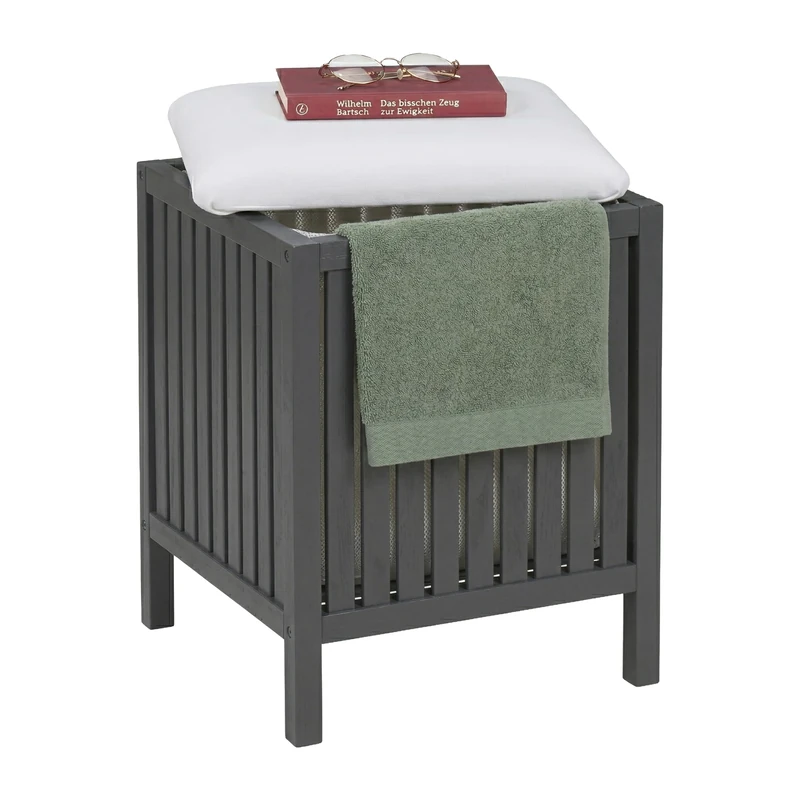 Relaxdays laundry stool with bin, walnut, padded lid, HxWxD: 51 x 38 x 38 cm, bathroom storage stool, grey/white - Image 1