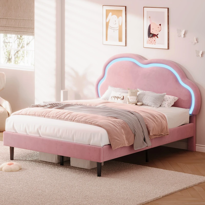 Ball & Cast 4ft6 Double Upholstered Bed with LED Adjustable Cute Cloud Headboard, Soft Velvet Bed Frame with Solid Wood Slat, No Box Spring Needed, Easy Assembly, Pink (No Mattress)