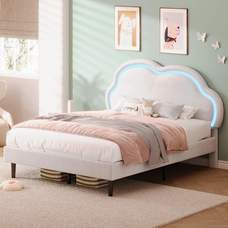 Ball & Cast 4ft6 Double Upholstered Bed with LED Adjustable Cute Cloud Headboard, Soft Velvet Bed Frame with Solid Wood Slat, No Box Spring Needed, Easy Assembly, Cream White (No Mattress) - Image 1
