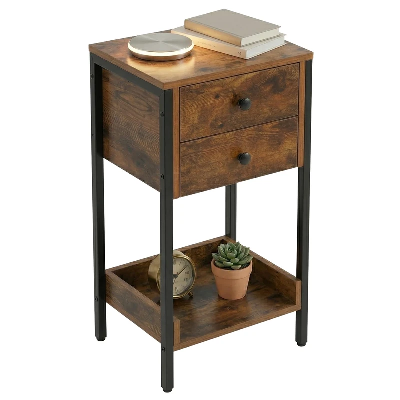 Relaxdays Side Table, Drawer & Shelf, Industrial, HWD: 69.5 x 38 x 28 cm, Living Room, Hallway, Metal, Brown/Black - Image 1