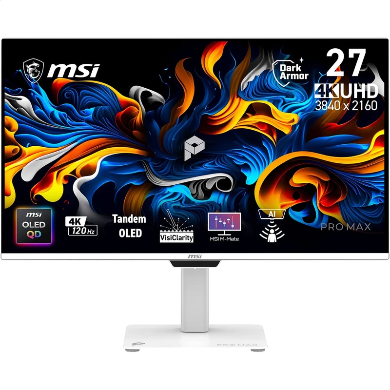 MSI PRO MAX 271UPXW12G 27-Inch 4K 3840x2160 Tandem QD-OLED Monitor, 120Hz, 0.03ms, DarkArmor, Panta Tandem, VisiClarity, M-Mate APP, AMD FreeSync Premium Pro, AI Care Sensor, Dual USB C, KVM
