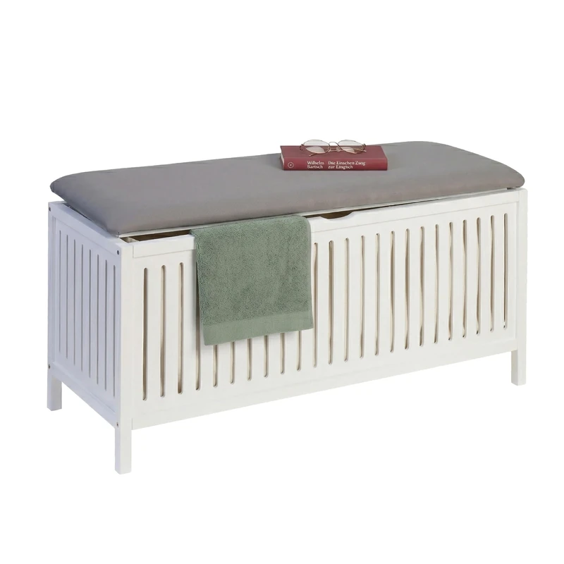 Relaxdays laundry hamper with seat, walnut, padded lid, H x W x D: 50 x 100 x 38 cm, bathroom stool, white/grey - Image 1