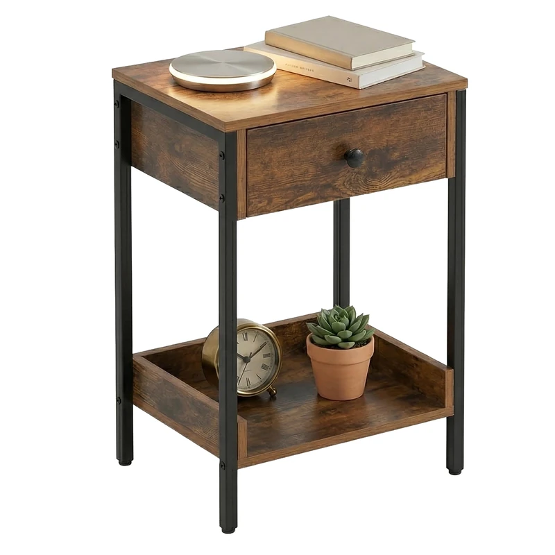 Relaxdays Side Table with Drawer & Shelf, Industrial, H x W x D: 69.5x38x28 cm, Living room, Hall, Metal, Brown/Black - Image 1
