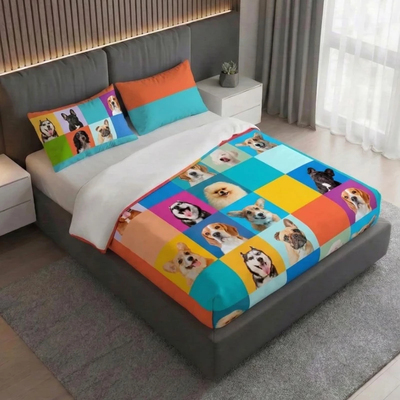 Gabel Dogs Duvet Cover Set, 200 x 205 cm, Pure Cotton, Multicoloured, Digital Photo Print, with Più Mio System - Image 1