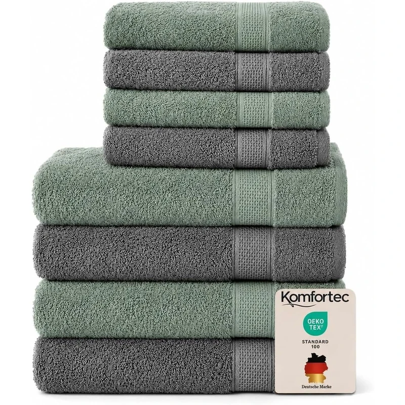 Komfortec Hand Towel Set, 8 Pieces, 100% Cotton, Anthracite/Light Green