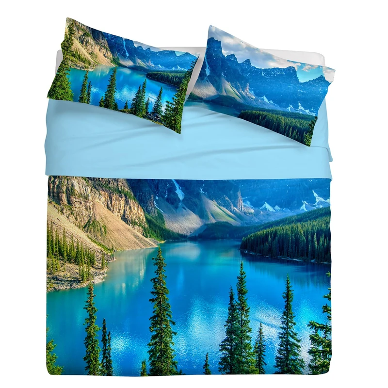 Gabel Double Bed Sheet Set, 250 x 290 cm, Pure Cotton, Lake, Digital Photo Print