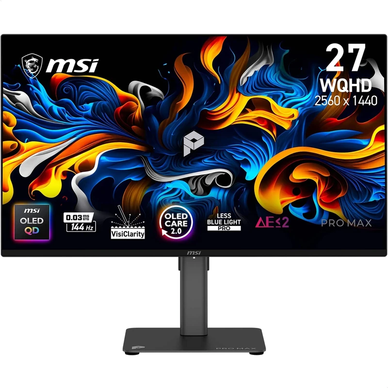 MSI PRO MAX 271QPX14G 27-Inch WQHD 2560x1440 Tandem QD-OLED Monitor, 144Hz, 0.03ms, Panta Tandem, VisiClarity, M-color sync, Adaptive Sync, OLED Care 2.0, PIP/PBP, EyesErgo, USB C (15W PD)