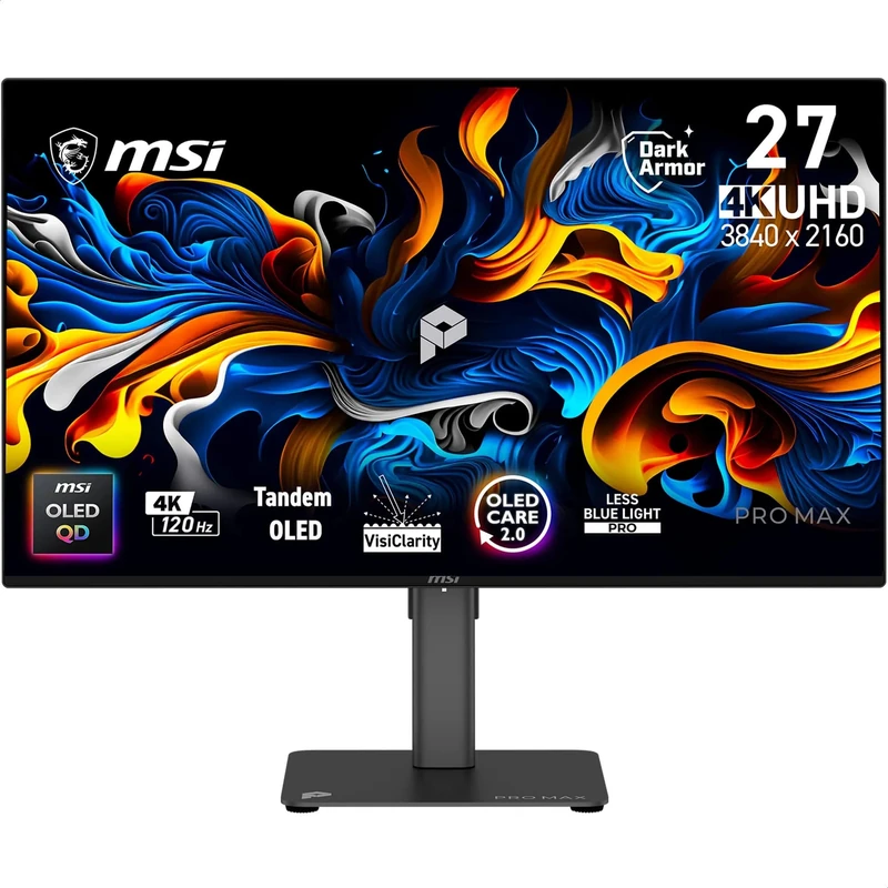 MSI PRO MAX 271UPX12G 27-Inch 4K 3840x2160 Tandem QD-OLED Monitor, 120Hz, 0.03ms, DarkArmor, Panta Tandem, VisiClarity, M-color sync, AMD FreeSync Premium Pro, OLED Care 2.0, EyesErgo, USB C (15W PD)