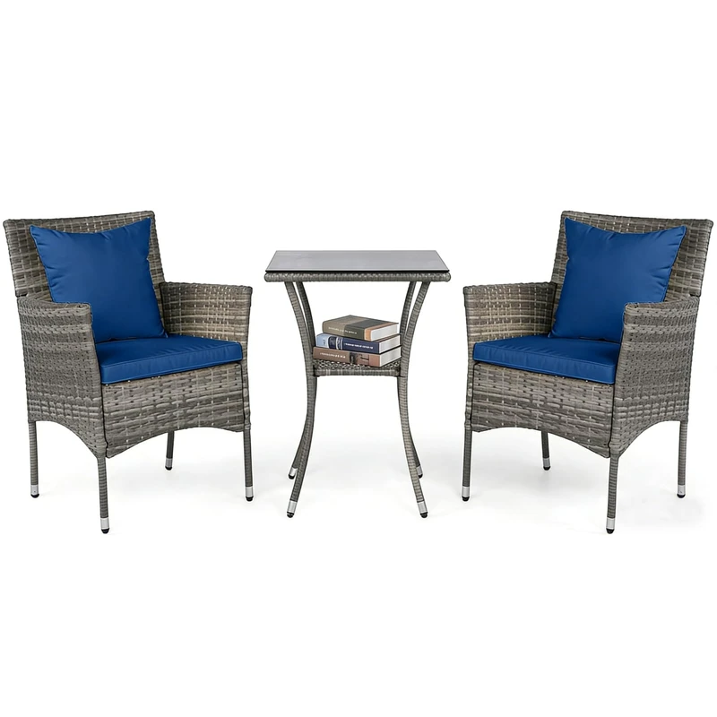 GiantexUK 3PCS Outdoor Bistro Set, PE Rattan Patio Dining Set with with Glass-Top Table, 2 Chairs & Cushions, Garden Furniture Set for Balcony Poolside (Navy)