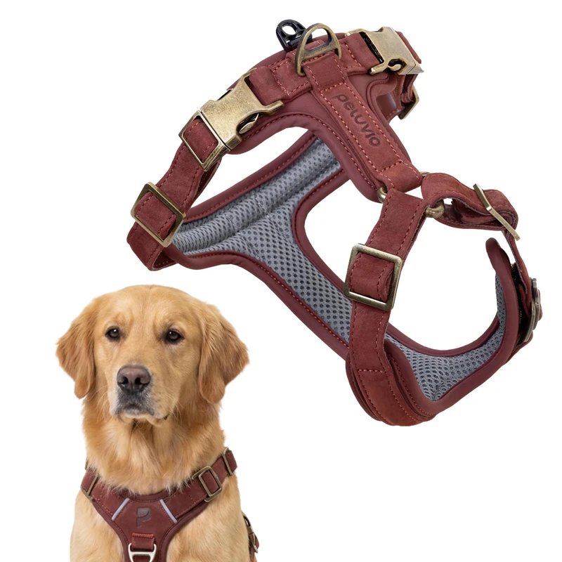 Peluvio Lord Leather Dog Harness Genuine Cowhide Leather, Classic Adjustable Dog Harness with Copper Buckles, Comfortable Control when Walking for Small Medium Large Dogs, Durable (L, Brown) - Image 1