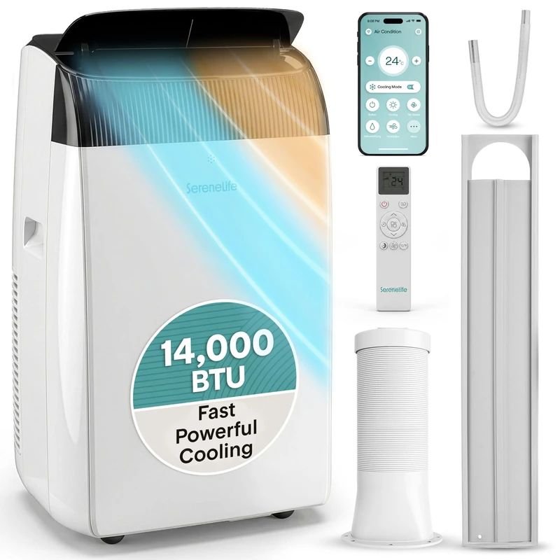 SereneLife Portable Air Conditioner 14000 BTU with Heat & WiFi, Portable AC Air Conditioning Unit, 4-in-1 with Cooling, Heating, Fan & Dehumidifier Modes, Self-Evaporating & Sleep Mode for Large Rooms