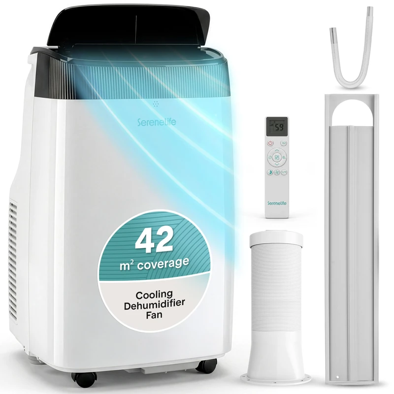 SereneLife Portable Air Conditioner 9000 BTU with WiFi, Portable AC Air Conditioning Unit, 3-in-1 with Cooling, Fan & Dehumidifier Modes, Self-Evaporating & Sleep Mode for Living Room & Home Office