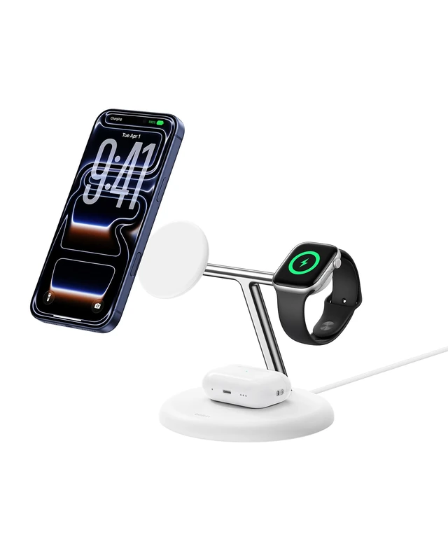 Belkin UltraCharge 3-in-1 Wireless Charging Station 25W, Qi2.2 Magnetic Wireless Charger - MagSafe Compatible for iPhone 17, Apple Watch, Pixelsnap, Galaxy S26 Ultra (45W Adapter Included) - White