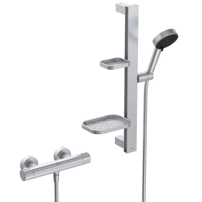Ideal Standard Ceratherm Alu+ Shower Fitting Package, Water-Saving Shower Head with Variable Spray Patterns, Including Thermostat with Scald Protection and Shower Rail (600 mm) – Silver - Image 1