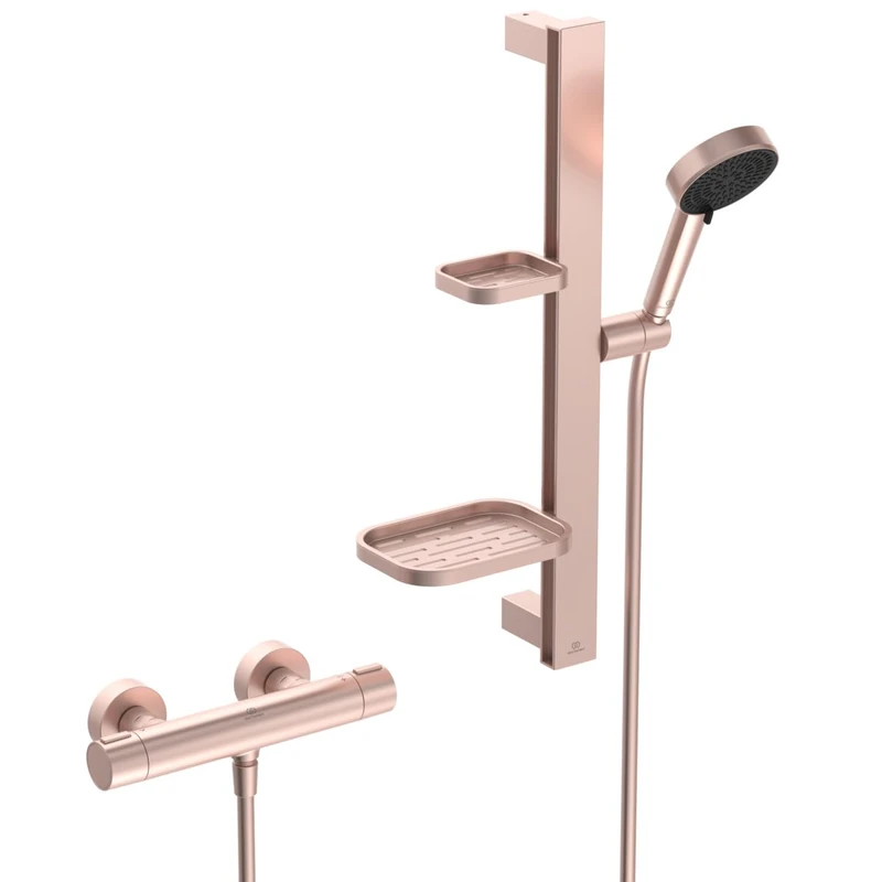 Ideal Standard Ceratherm Alu+ Shower Fitting Package, Water-Saving Shower Head with Variable Spray Patterns, Including Thermostat with Scald Protection and Shower Rail (600 mm) – Rosé