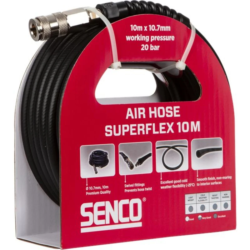 SENCO Super Flex air Hose with 10 metre Length, Designed for use with Pneumatic Tools, offering Flexibility and Reach for Workshop, site and General Trade air Supply tasks.