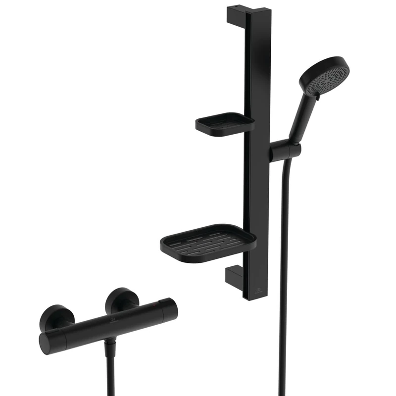 Ideal Standard Ceratherm Alu+ Shower Fitting Package, Water-Saving Shower Head with Variable Spray Patterns, Including Thermostat with Scald Protection and Shower Rail (600 mm) – Matt Black