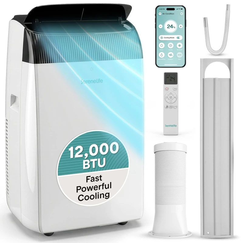 SereneLife Portable Air Conditioner 12000 BTU with WiFi, Portable AC Air Conditioning Unit, 3-in-1 with Cooling, Fan & Dehumidifier Modes, Self-Evaporating & Sleep Mode for Living Room & Large Home