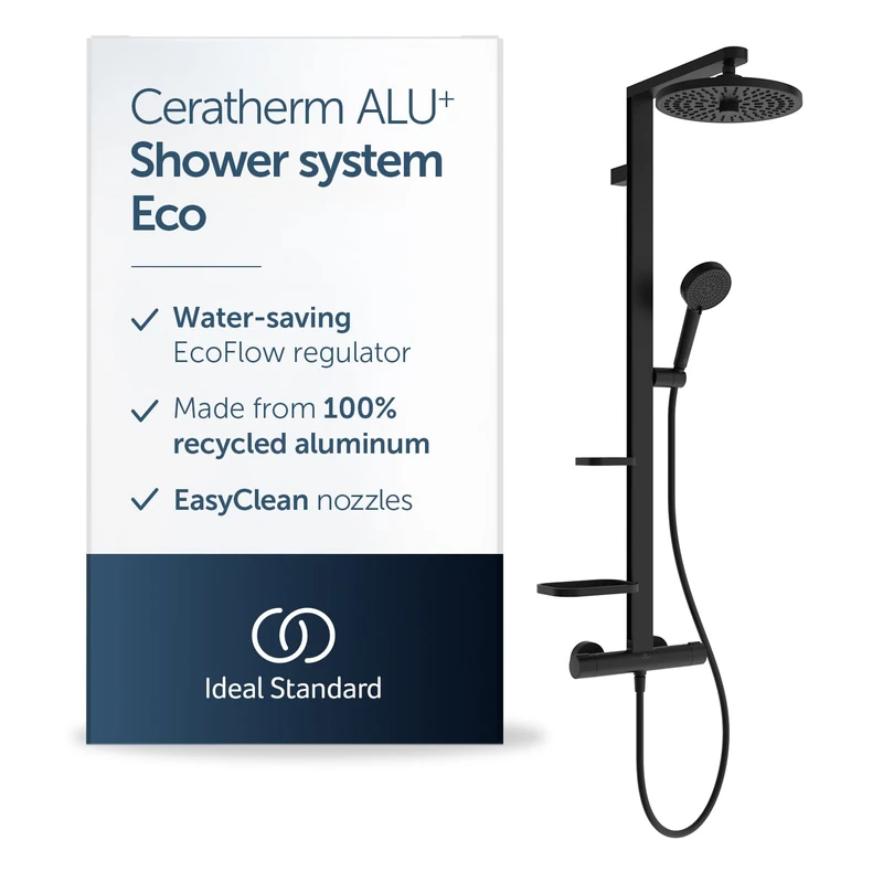 Ideal Standard Ceratherm Alu+ Shower System, Water-Saving ECO Shower Head with Thermostat and Scald Protection, Round Shower Head with Variable Spray Patterns – Matt Black (345x501x1113 mm)