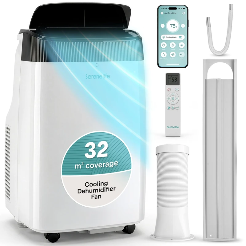 SereneLife Portable Air Conditioner 7000 BTU with WiFi, Portable AC Air Conditioning Unit, 3-in-1 with Cooling, Fan & Dehumidifier Modes, Self-Evaporating & Sleep Mode for Bedroom & Home Office