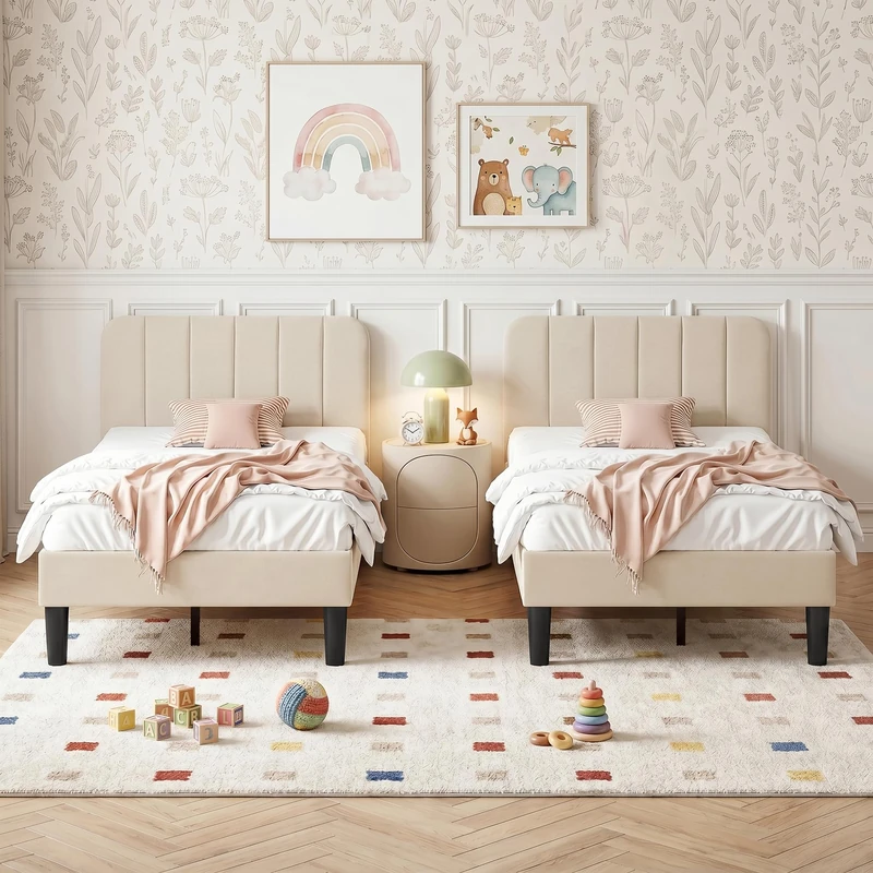 VECELO 3FT Single Bed Frame Set of 2, Upholstered Single Beds with Adjustable Velvet Headboard, Sturdy Wooden Slat Support, Noise Free, Easy Assembly, No Box Spring Needed