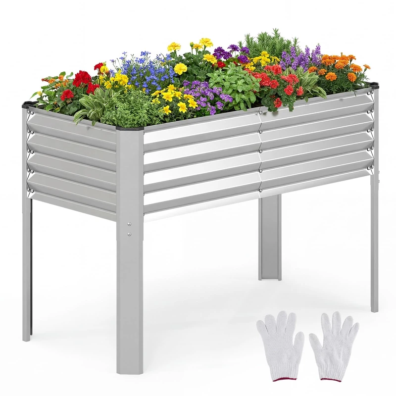 FANTASK Metal Raised Bed, 118 x 60 x 77.5 cm, Flower Bed with Drain System up to 50 kg, Herb Bed for Vegetables, Fruit, Flowers, Herbs, Raised Garden Bed for Balcony, Garden, Patio (Silver) - Image 1