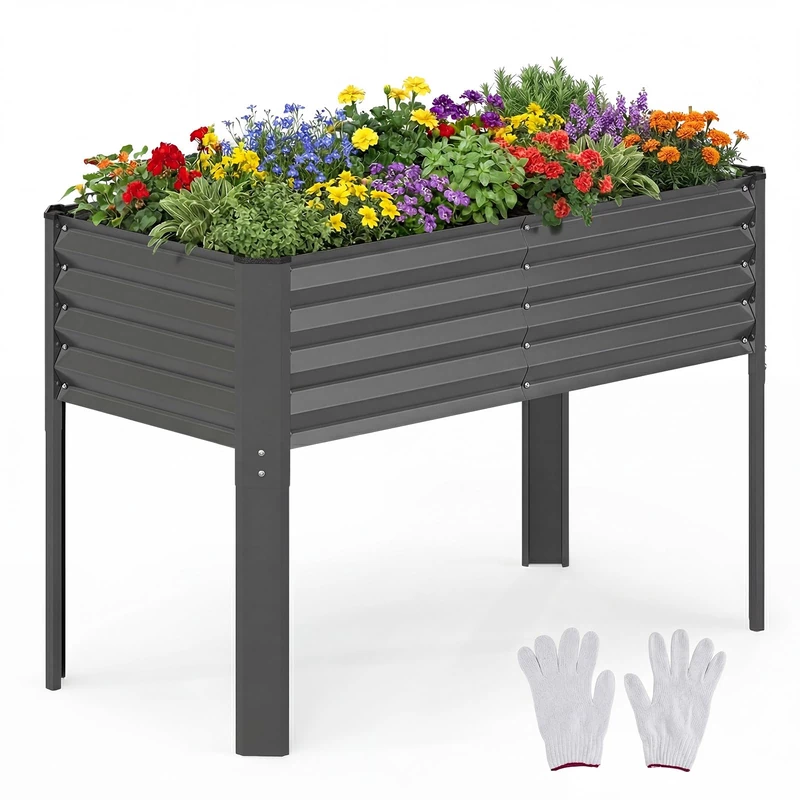 FANTASK Metal Raised Bed 118 x 60 x 77.5 cm, Flower Bed with Drain System up to 50 kg, Herb Bed for Vegetables Fruit Flowers Herbs, Raised Garden Bed for Balcony Garden Patio (Grey) - Image 1