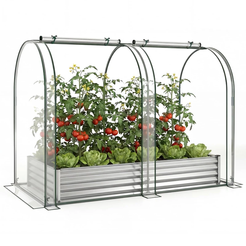 FANTASK 3-in-1 Greenhouse with Raised Bed, 180 x 100 x 145 cm, Raised Bed Cold Frame with PVC Cover and 2 Windows, Foil Greenhouse for Herbs, Flowers & Vegetables, Flower Box for Garden (Silver)