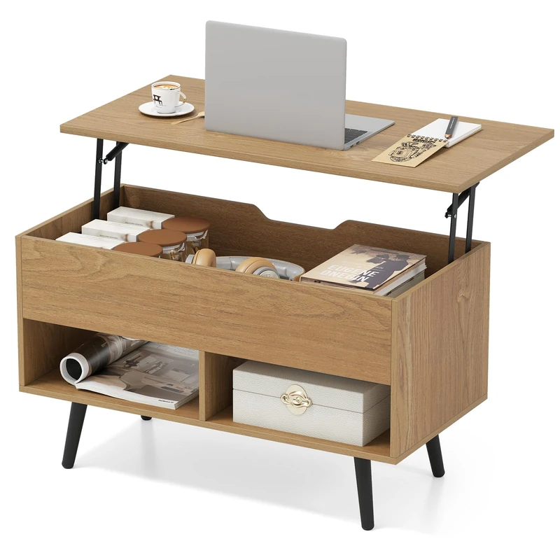 CASART Lift Top Coffee Table, Wooden Lifting Sofa Tea Table with Hidden Compartment & Open Shelves, Home Office Floating Retractable Snack Coffee Tables for Living Room Bedroom Study (Natural)