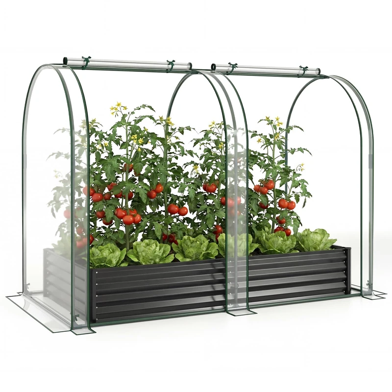 FANTASK 3-in-1 Greenhouse with Raised Bed, 180 x 100 x 145 cm, Raised Bed Cold Frame with PVC Cover and 2 Windows, Foil Greenhouse for Herbs, Flowers & Vegetables, Flower Box for Garden (Black) - Image 1
