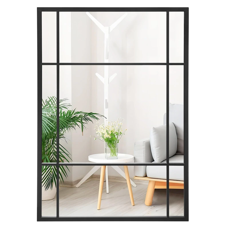 RELAX4LIFE Metal Rectangle Mirror, 100 x 70cm Modern Artistic Decorative Mirror with Hanging Hooks, Windowpane Wall Mirror Hanging Vanity Mirrors for Bathroom Bedroom Hallway Wardrobe