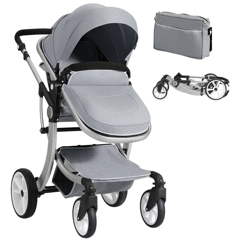 GYMAX Foldable Baby Stroller, Lightweight Toddler Pushchair with Adjustable Canopy/Backrest/Handle, Rain Cover, Mosquito Net, Storage Bag, Aluminum Alloy Infant Pram Carriage for 0-3 Years Old (Gray)