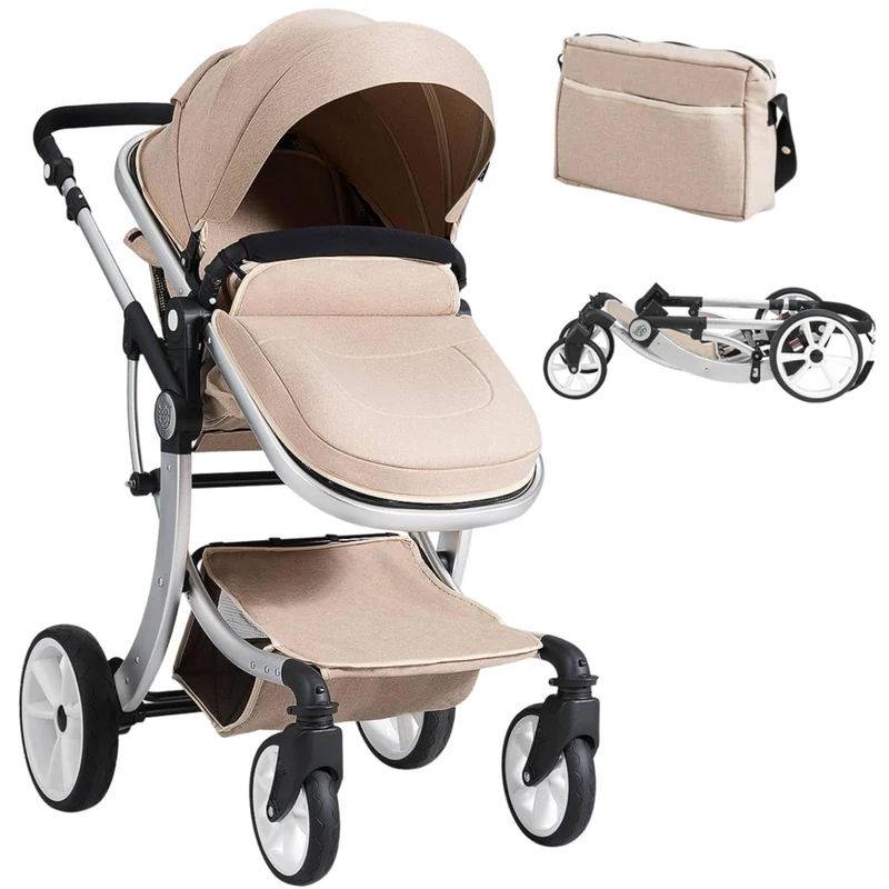 GYMAX Foldable Baby Stroller, Lightweight Toddler Pushchair with Adjustable Canopy/Backrest/Handle, Rain Cover, Mosquito Net, Storage Bag, Aluminum Alloy Infant Pram Carriage for 0-3 Years Old (Beige)