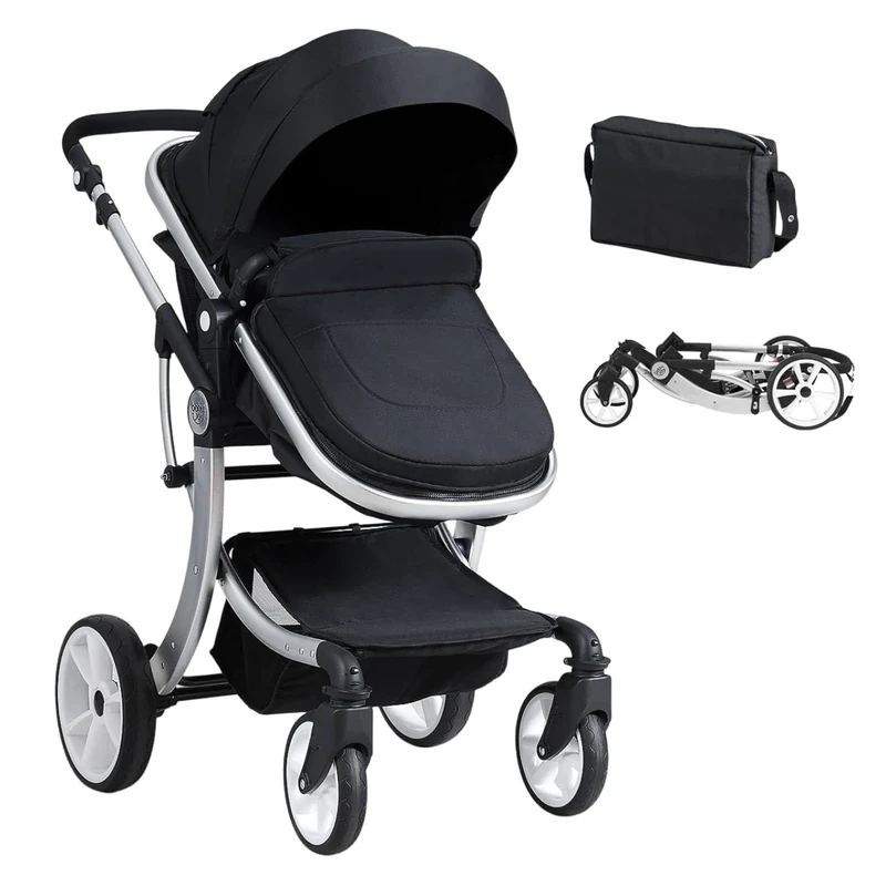 GYMAX Foldable Baby Stroller, Lightweight Toddler Pushchair with Adjustable Canopy/Backrest/Handle, Rain Cover, Mosquito Net, Storage Bag, Aluminum Alloy Infant Pram Carriage for 0-3 Years Old (Black)