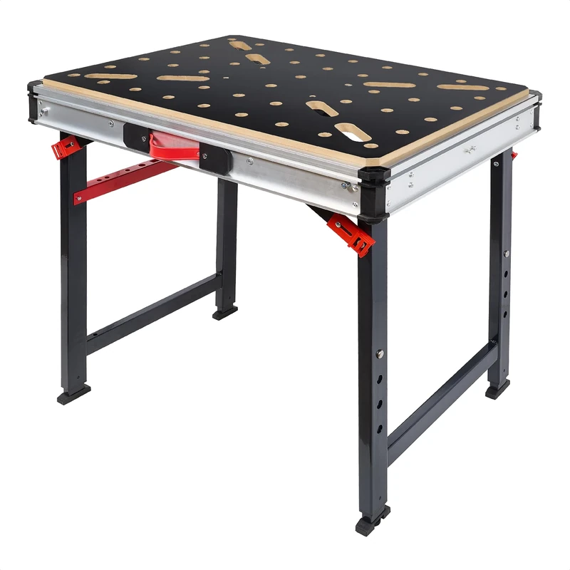 kwb Foldable Work Table (847 x 600 x 900 mm, Adjustable Height 735–887 mm, 150 kg Load Capacity, MDF Worktop, Aluminium Frame, Foldable Legs, Carry Handle, 2 Side Hooks)