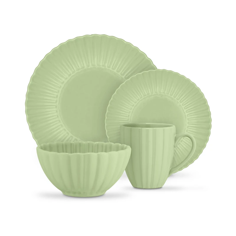 Swan 16 Piece Scallop Edge Stoneware Dinner Set, 4 x Dinner Plates, Side Plates, Bowls, Mugs, Durable, Microwave and Dishwasher Safe, Green, SWKA1460GRN