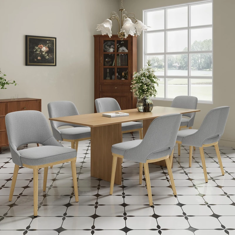 Dining Chairs Set of 6, Upholstered Dining Room Chairs with Chenille Fabric, Ergonomic Backrest, High Density Cushion & Rubber Wood Frame, Modern Kitchen Chairs for Dining Room, Living Room, Grey