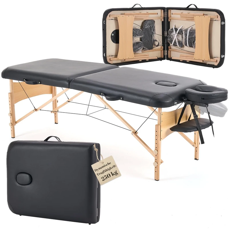 Kidol & Shellder Massage Table 70 cm Wide, Foldable Height Adjustable, 250 kg Load Capacity, 9 cm PU Padding, Carry Bag, Non-Slip Feet, Black