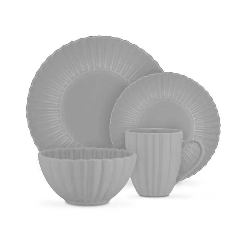 Swan 16 Piece Scallop Edge Stoneware Dinner Set, 4 x Dinner Plates, Side Plates, Bowls, Mugs, Durable, Microwave and Dishwasher Safe, Grey, SWKA1460GRY