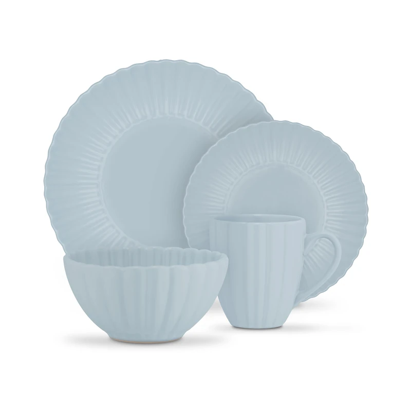 Swan 16 Piece Scallop Edge Stoneware Dinner Set, 4 x Dinner Plates, Side Plates, Bowls, Mugs, Durable, Microwave and Dishwasher Safe, Blue, SWKA1460BLU