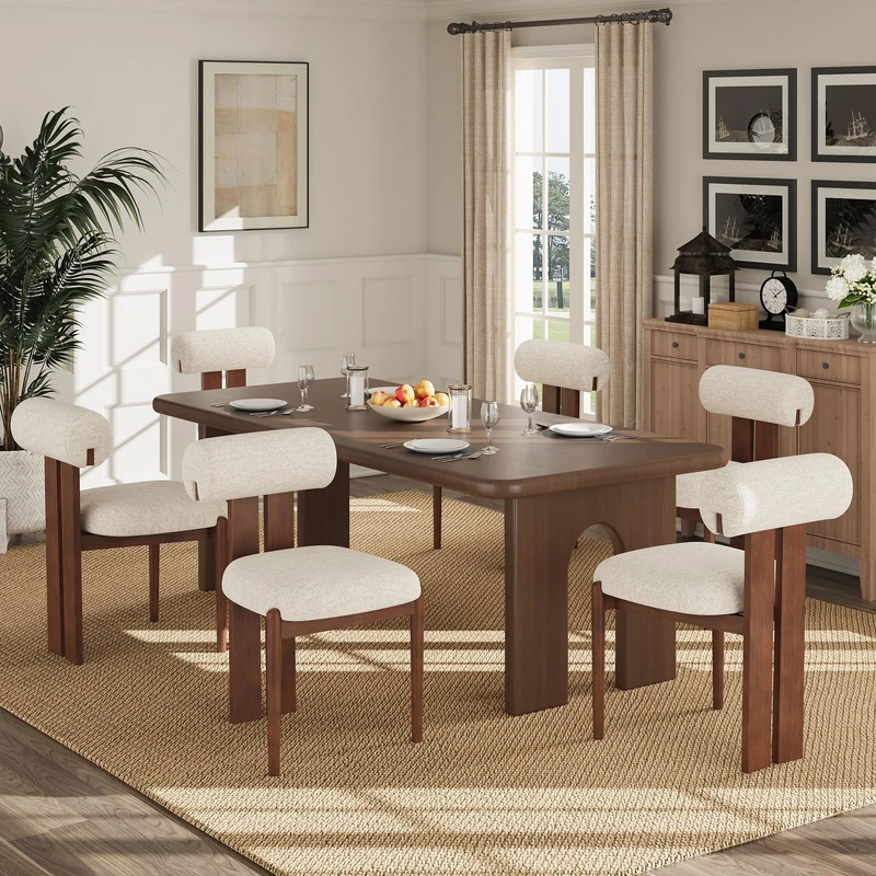 Dining Chairs Set of 6, Dining Room Chairs Upholstered Chenille Fabric, Wooden Kitchen Chairs with Padded Seat & Solid Wood Frame, Modern Accent Chairs for Living Room Bedroom Restaurant,Beige